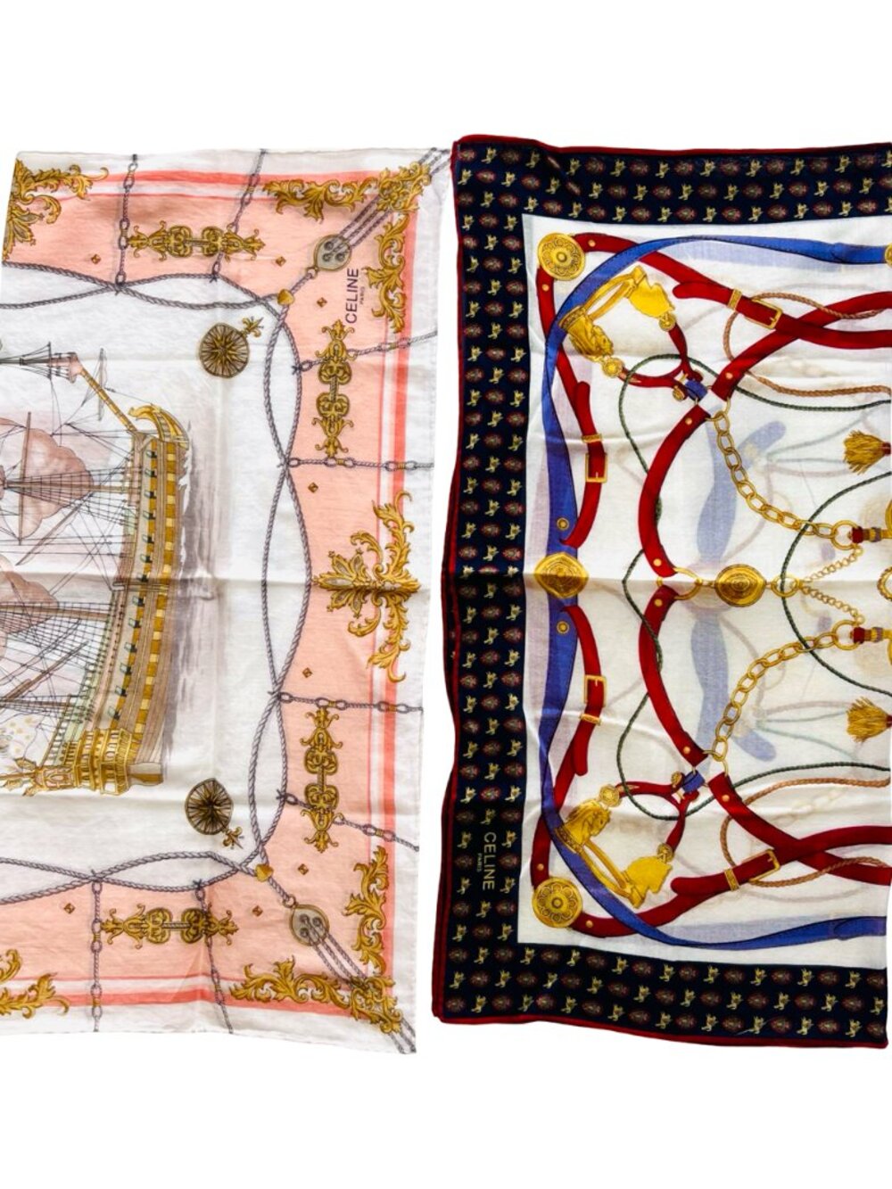 2) Celine Paris Neck-kerchief Cotton made 18.5" white blue red gold chain (89 - Picture 11 of 11